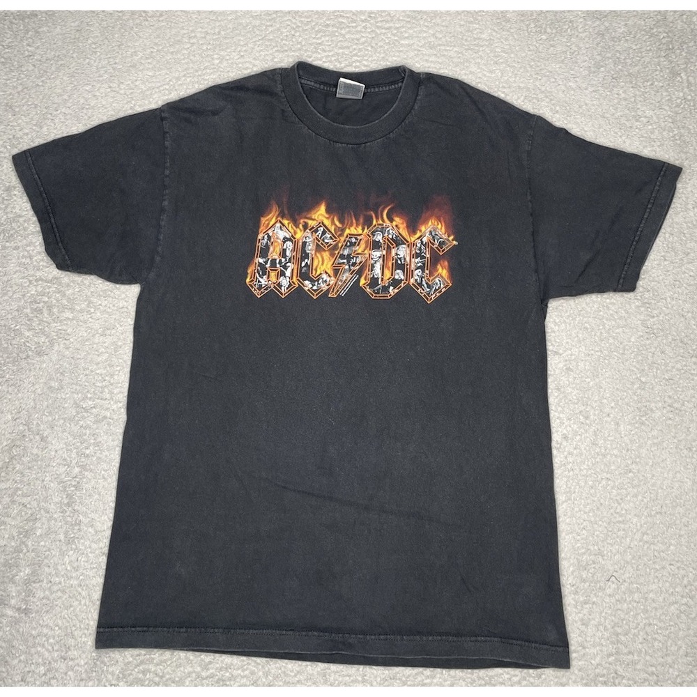 Vintage AC/DC 2005 Flame Band Concert T-Shirt Mens Large Faded‎ Black Grunge Y2K